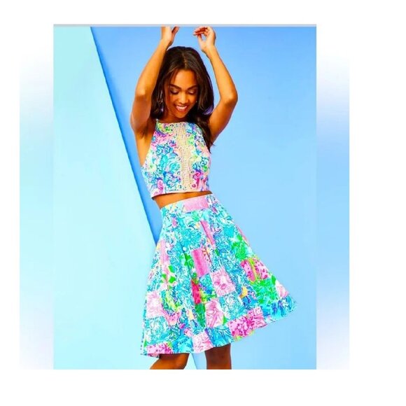 Lilly Pulitzer SKIRT NAVIA SET Multi Pop Up Back Together Again Patch Sz 10 NEW - Picture 1 of 3